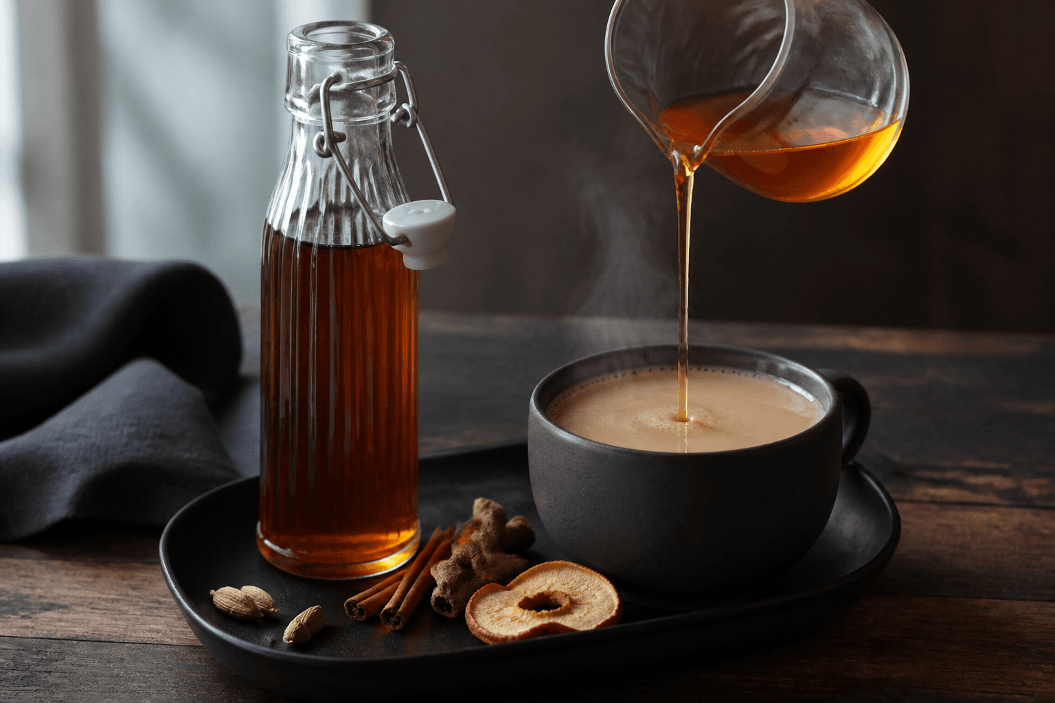 Klar ravfarvet chai-sirup i høj glasflaske ved en dampende mørk kop med æble, ingefær, kardemomme og kanel