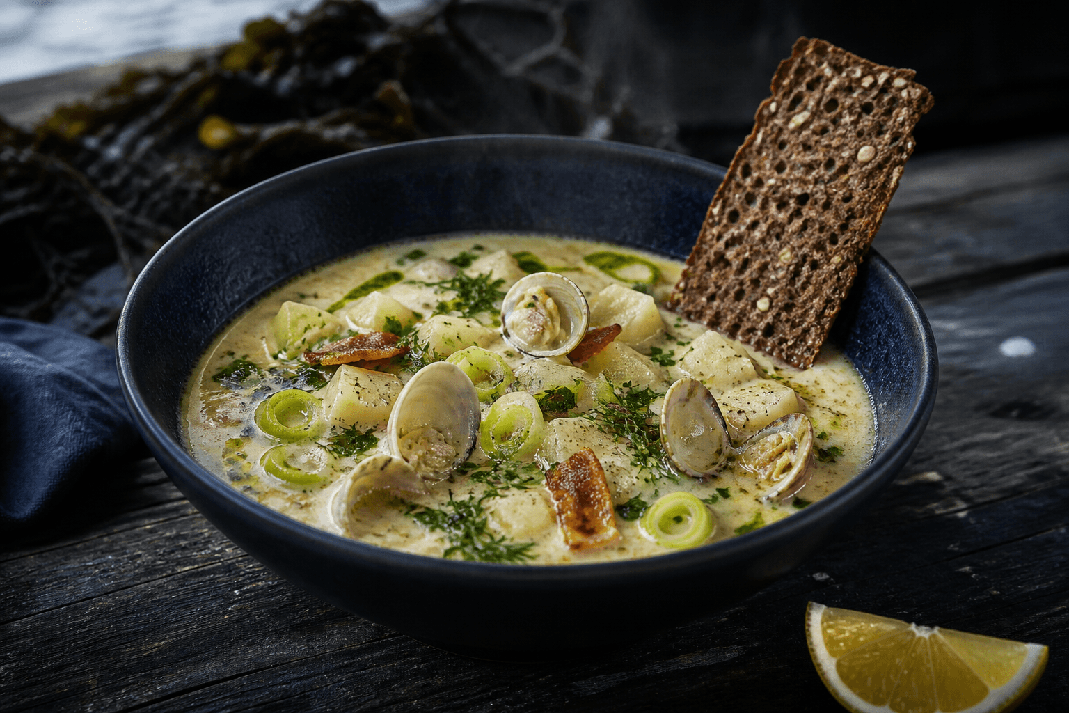 Cremet clam chowder med åbne hjertemuslinger, kartoffel, porre, knoldselleri, bacon, dildolie og rugchips i mørk blå skål