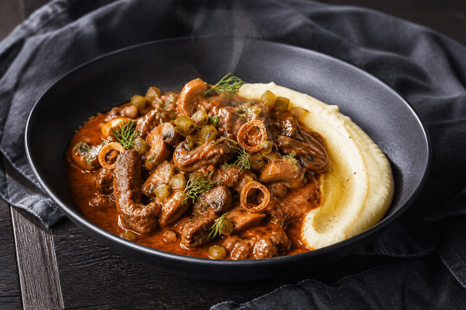 Bøf Stroganoff med oksekød, skovsvampe, røget paprika, cornichoner og dild ved cremet selleri-kartoffelmos i sort skål