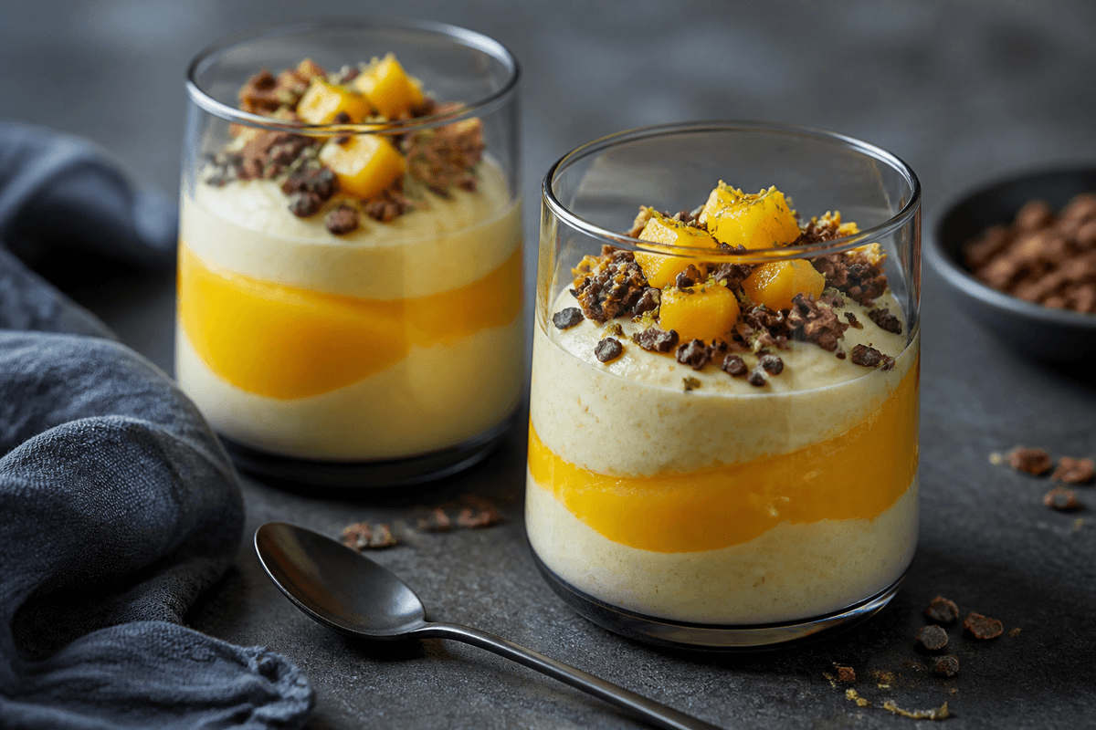 Lag af gylden mango-kardemommeskyr og klar mango-limepuré i røgfarvede glas med ruggranola, kakaonibs og mangotern