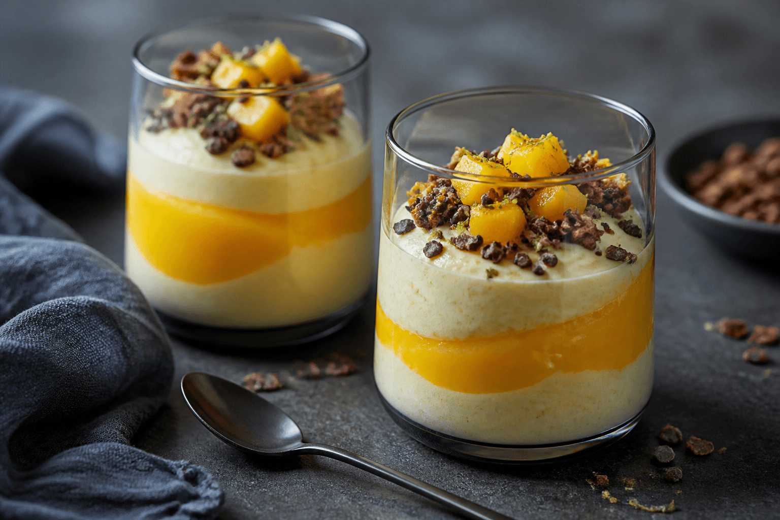 Lag af gylden mango-kardemommeskyr og klar mango-limepuré i røgfarvede glas med ruggranola, kakaonibs og mangotern