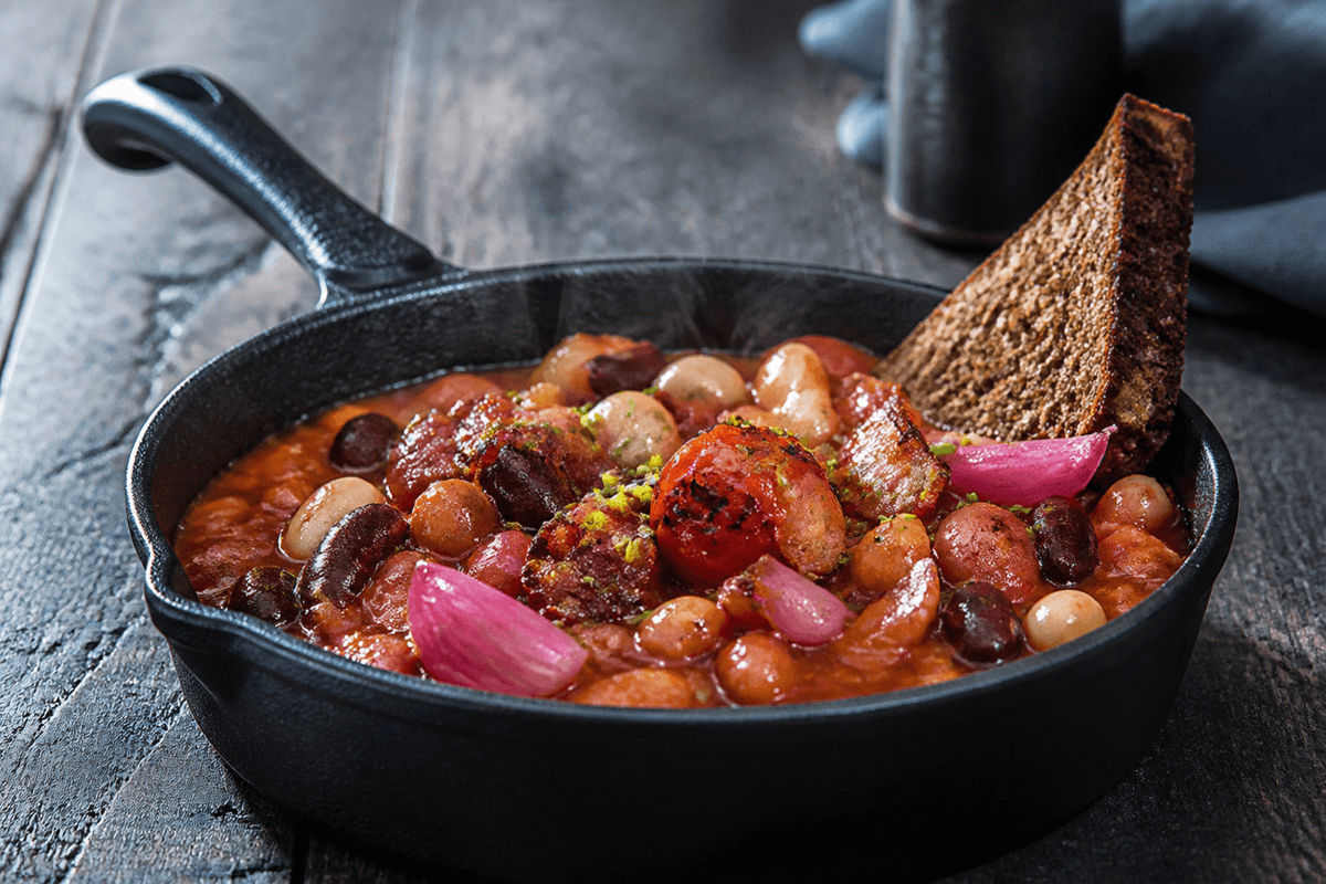 Røgede baked beans med tre bønner, æble, bacon, grillede tomater og syltet rødløg i lille sort støbejernspande med rugtoast