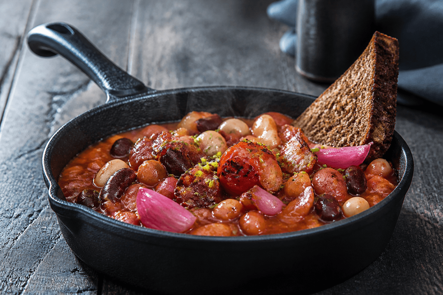 Røgede baked beans med tre bønner, æble, bacon, grillede tomater og syltet rødløg i lille sort støbejernspande med rugtoast