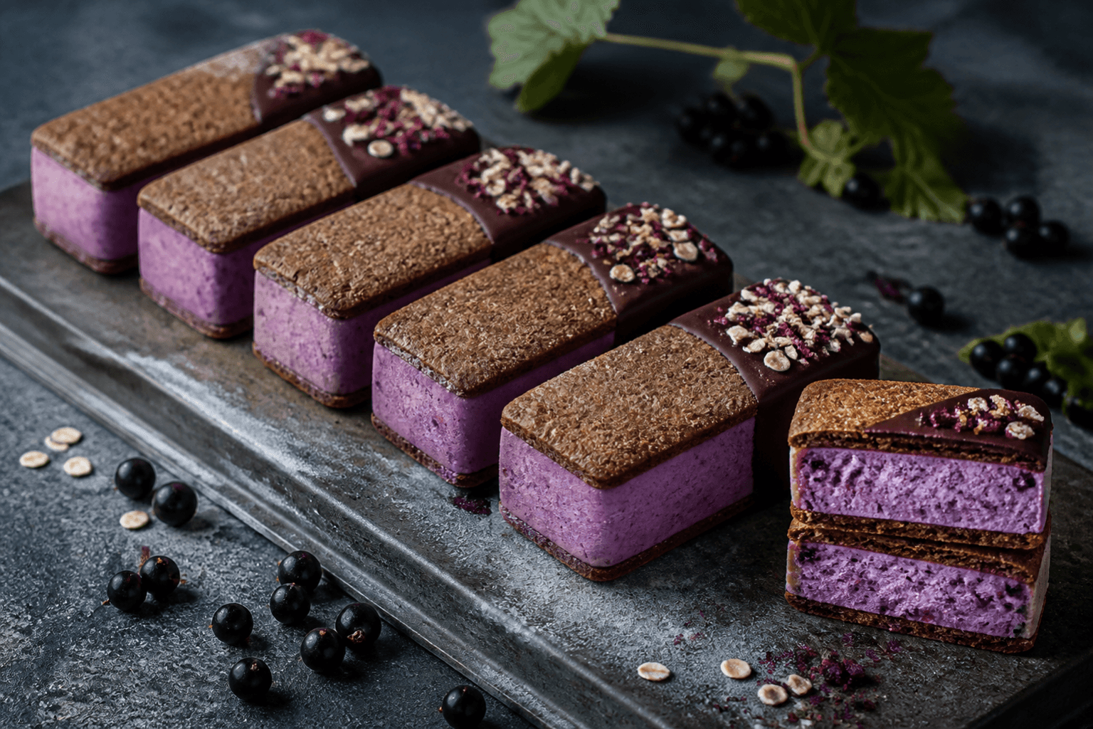 Rektangulære iskager med tynde kakao-rugcookies, lilla solbærskyr-is, mørk chokolade og solbærsmulder på kold metalbakke