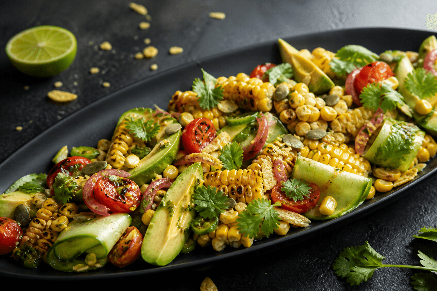 Avocadosalat med grillede majsribber, tomat, agurkebånd, syltet rødløg, lime, koriander og græskarkerner på sort fad