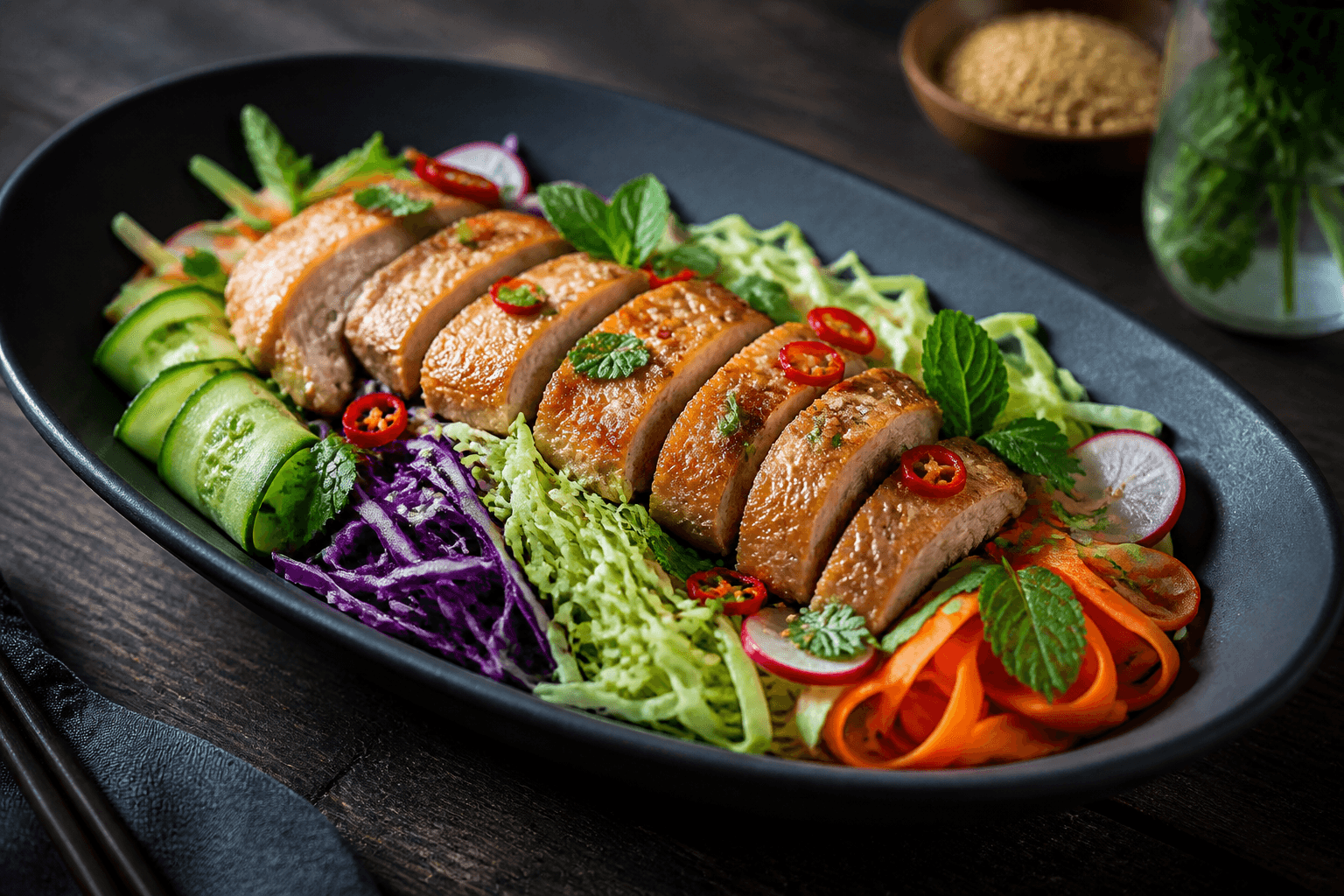 Asiatisk kyllingesalat med sprødt skind, spidskål, rødkål, agurk, gulerod, radise, mynte, koriander, sesam og chili i mørkt fad