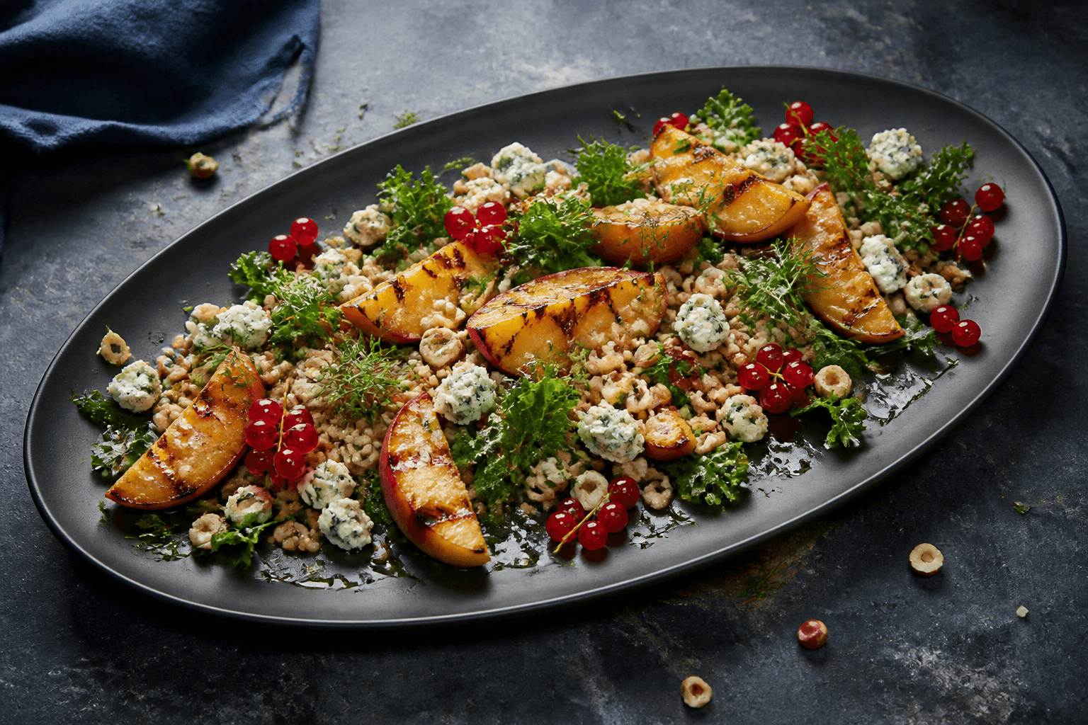 Grillet ferskensalat med perlespelt, røde ribs, blåskimmelost, grønkål, hasselnødder og dild på langt mørkt fad