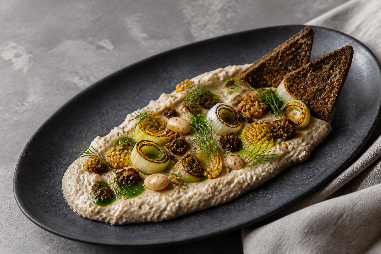 Røget baba ganoush som bred creme på sort fad med brændt porre, hvide bønner, syltede sennepsfrø, dildolie, rugknas og rugchips