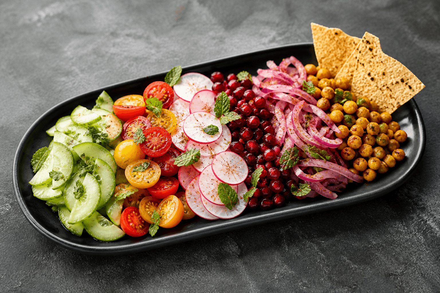 Indisk salat i farvede bånd med agurk, tomat, radise, granatæble, syltet rødløg, krydrede kikærter, mynte og papad på sort fad