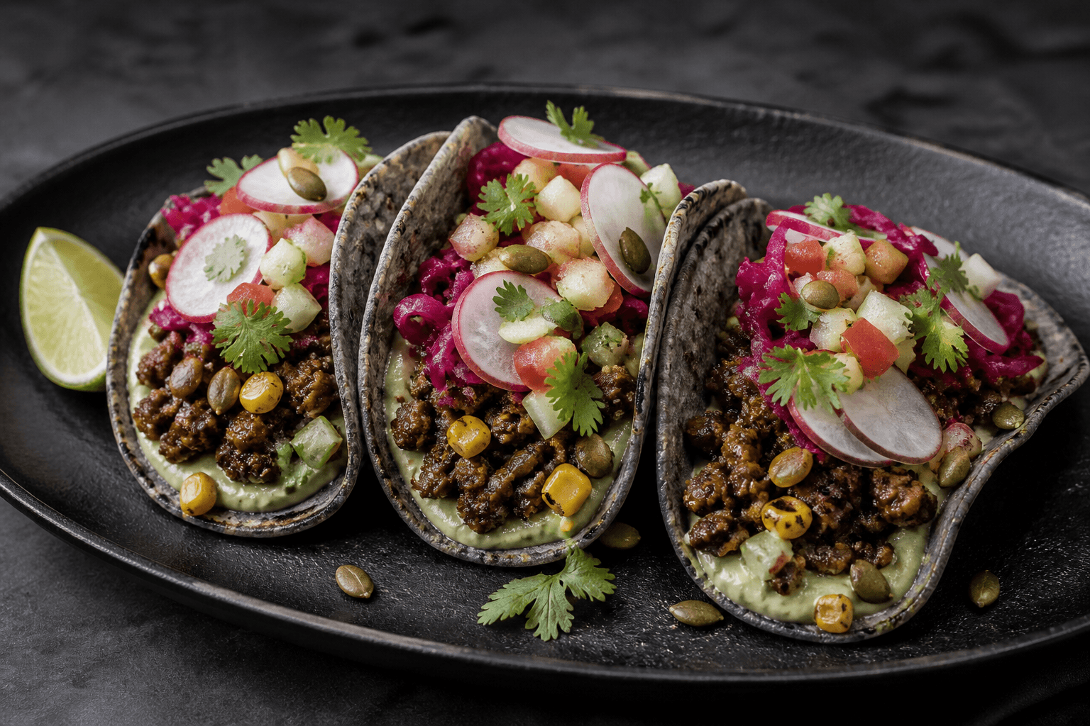 Tre blå majstortillas med krydret oksekød, grillet majs, pink kålsalsa, avocado-skyrcreme, æble-tomatsalsa, radise og koriander