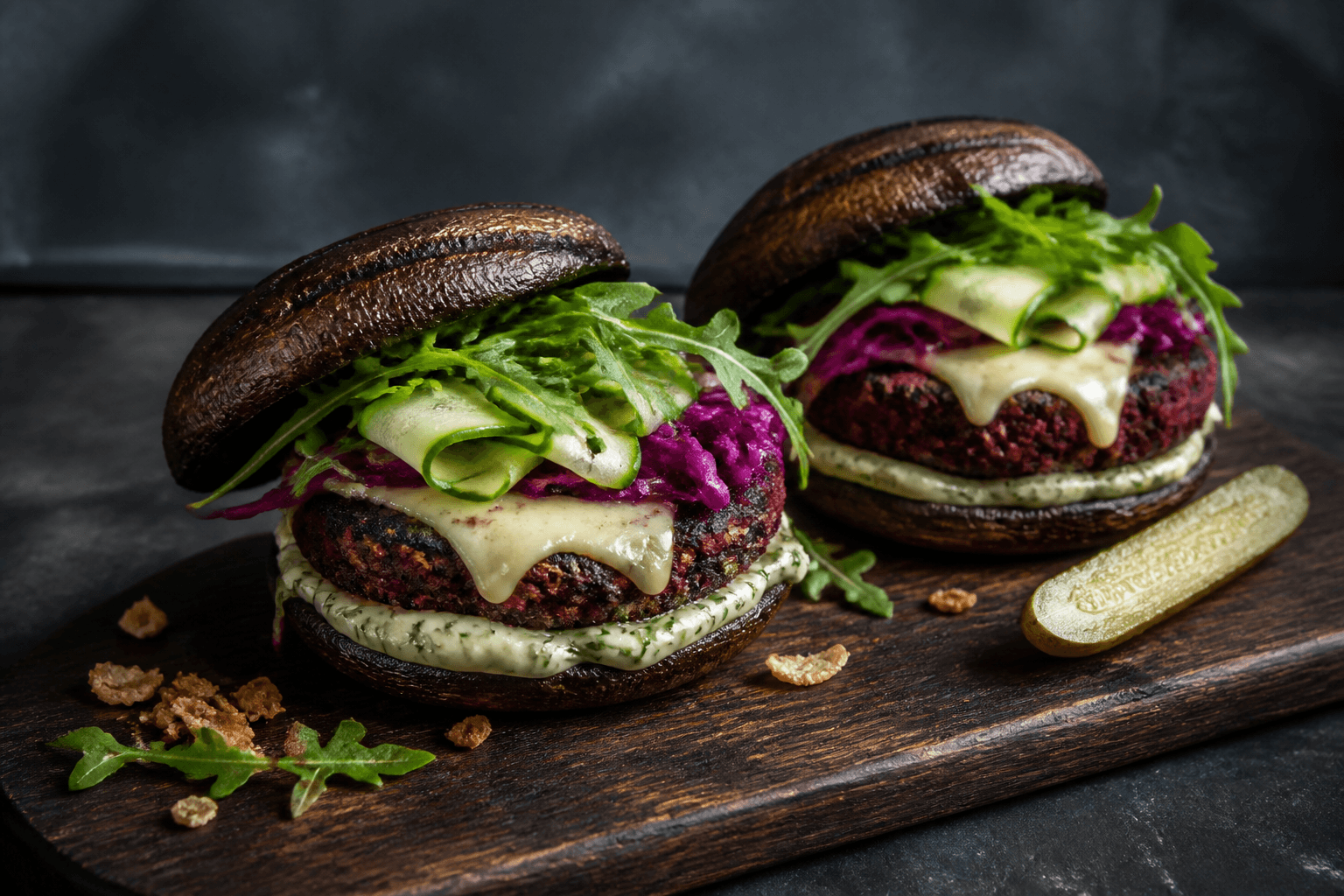 To portobelloburgere med sorte bønne-rødbedebøffer, smeltet Havarti, syltet rødkål, agurk, rucola og peberrod-dildcreme på mørkt træ