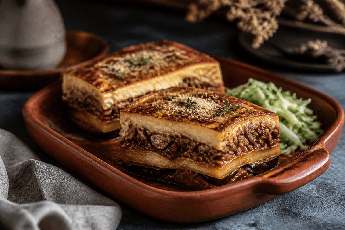 To portionsstykker vegetarisk moussaka med aubergine, kartoffel, linse-svamperagout og gylden pastinakmornay i terracottafad