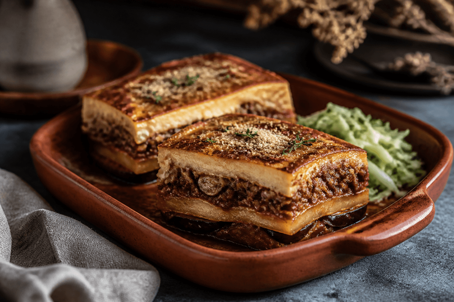 To portionsstykker vegetarisk moussaka med aubergine, kartoffel, linse-svamperagout og gylden pastinakmornay i terracottafad