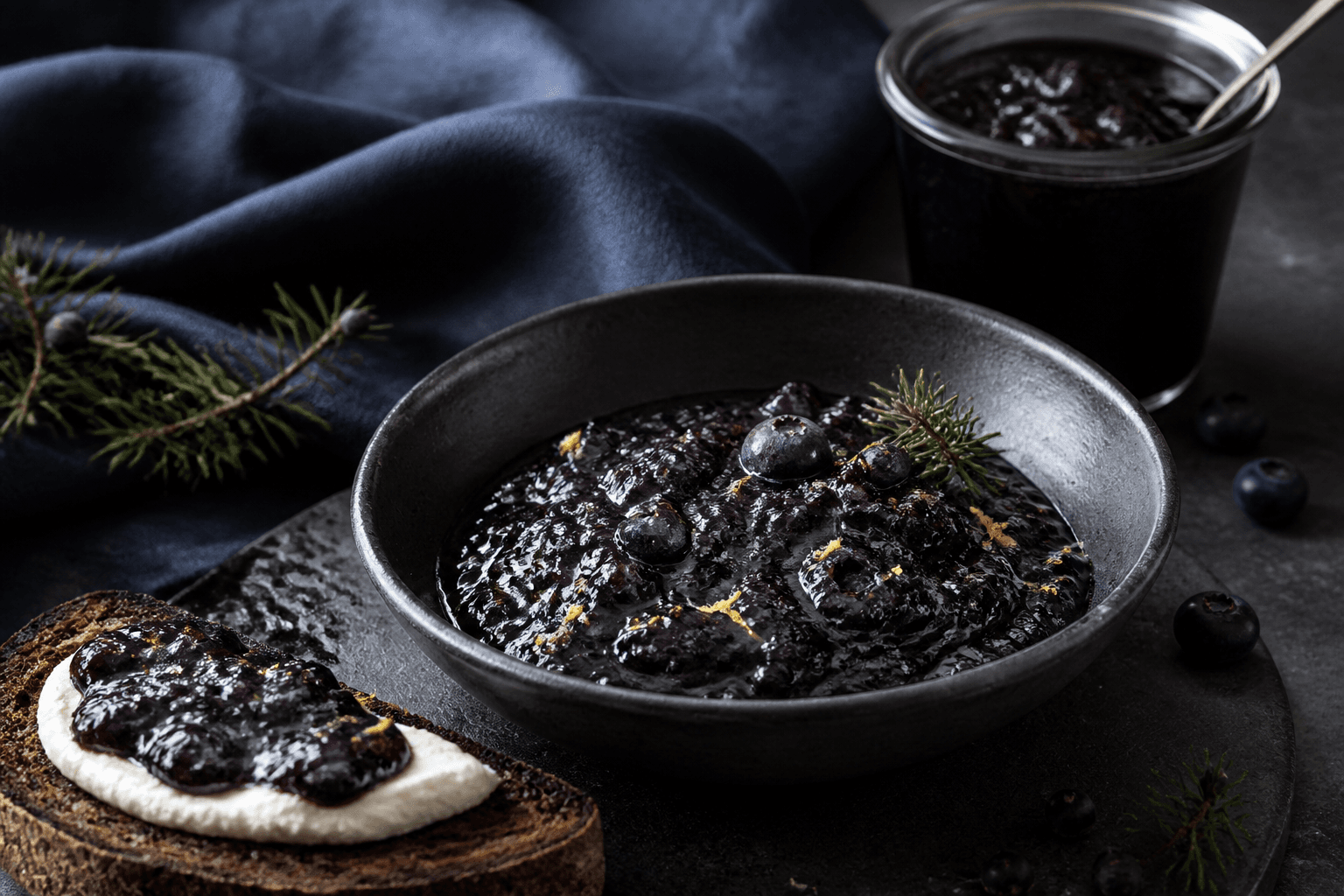 Tykt mørkt blåbær-solbærsyltetøj med citronskal og enebær i lav sort skål samt på ristet rugbrød med skyr