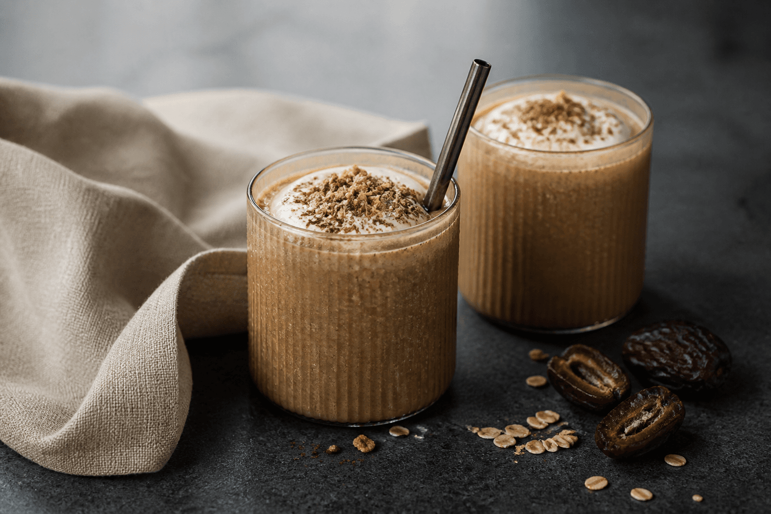 To korte rillede glas med kold brun dadelshake af kaffe, havre, banan og skyr toppet med skyrskum, kakao og rugknas