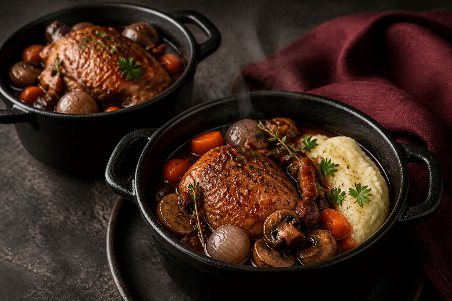 Coq au vin i to små sorte cocotter med glaserede kyllingelår, rødvinssauce, perleløg, svampe, bacon, gulerod og selleri-kartoffelpuré