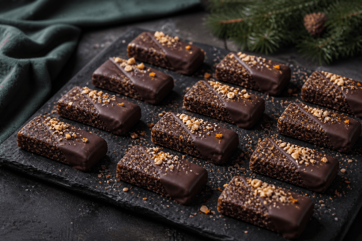 Rektangulære dadelkonfektstykker med pebernøddekrydderi, rugknas, hasselnødder og blank mørk chokolade på mørk skifer