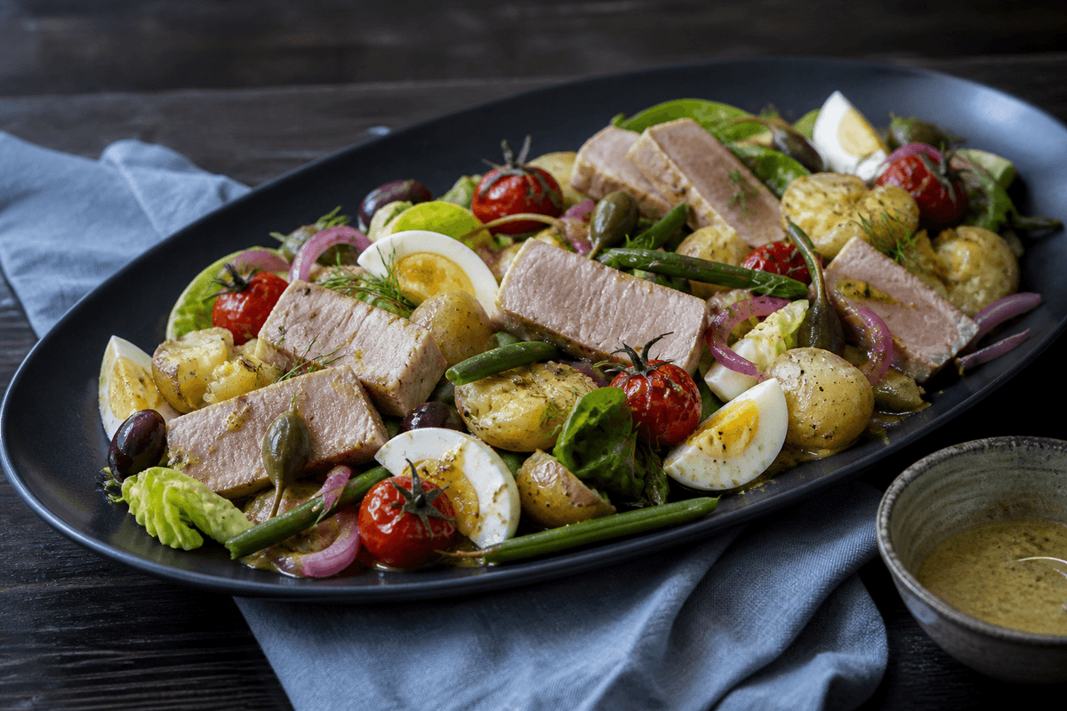 Salade Niçoise på mørkt ovalt fad med gennemstegt tun, kartofler, grønne bønner, bagte tomater, æg, oliven og citronvinaigrette