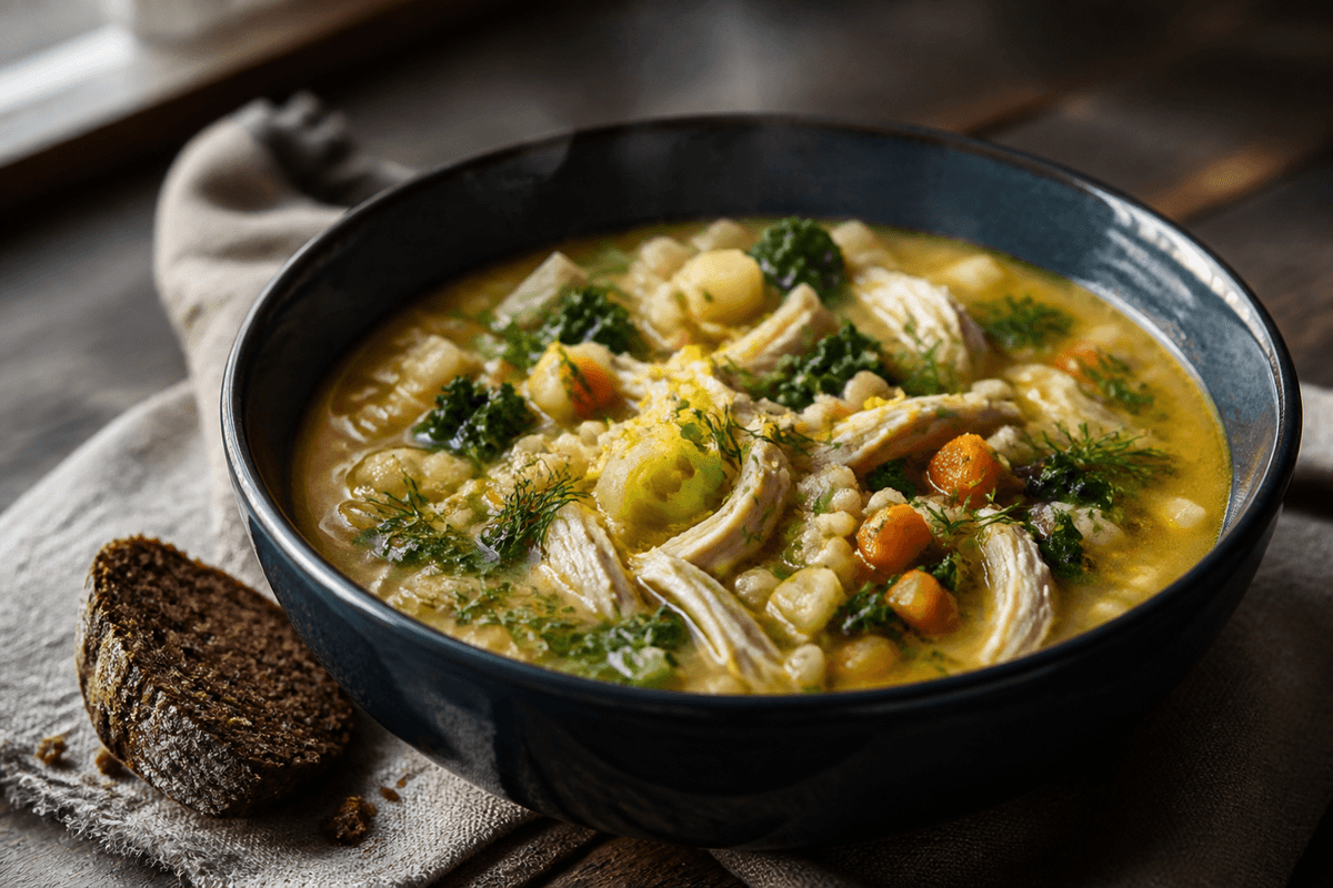 Nordisk kyllingesuppe i mørkeblå skål med trevlet kylling, perlebyg, grønkål, gulerod, porre, selleri, dild og citron