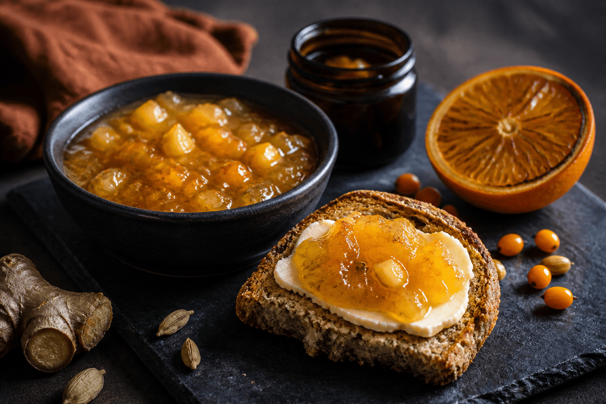 Blank appelsin-havtornsmarmelade med ingefær i mørk skål, på rugtoast og ved grillede appelsiner i nordisk morgenmadsscene