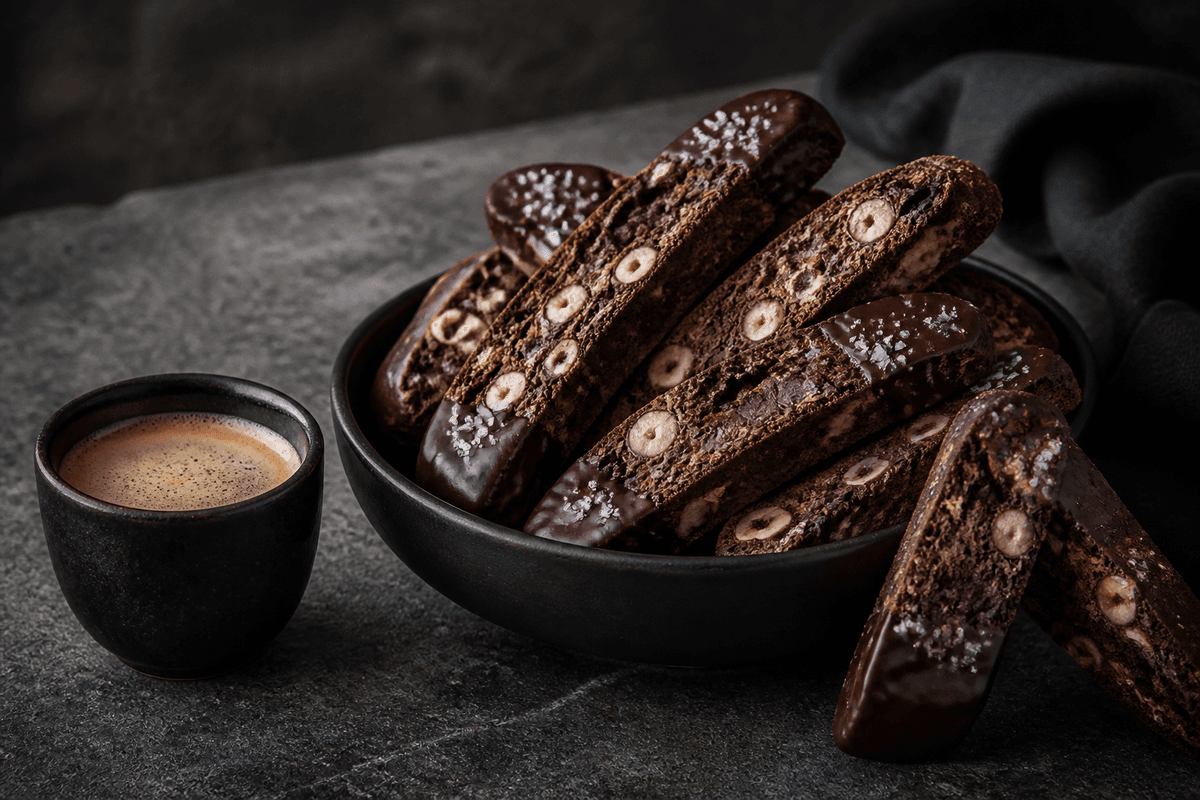 Mørke chokolade-rugbiscotti med hele hasselnødder, appelsin, chokoladedyppede ender og flagesalt i sort nordisk skål ved espresso