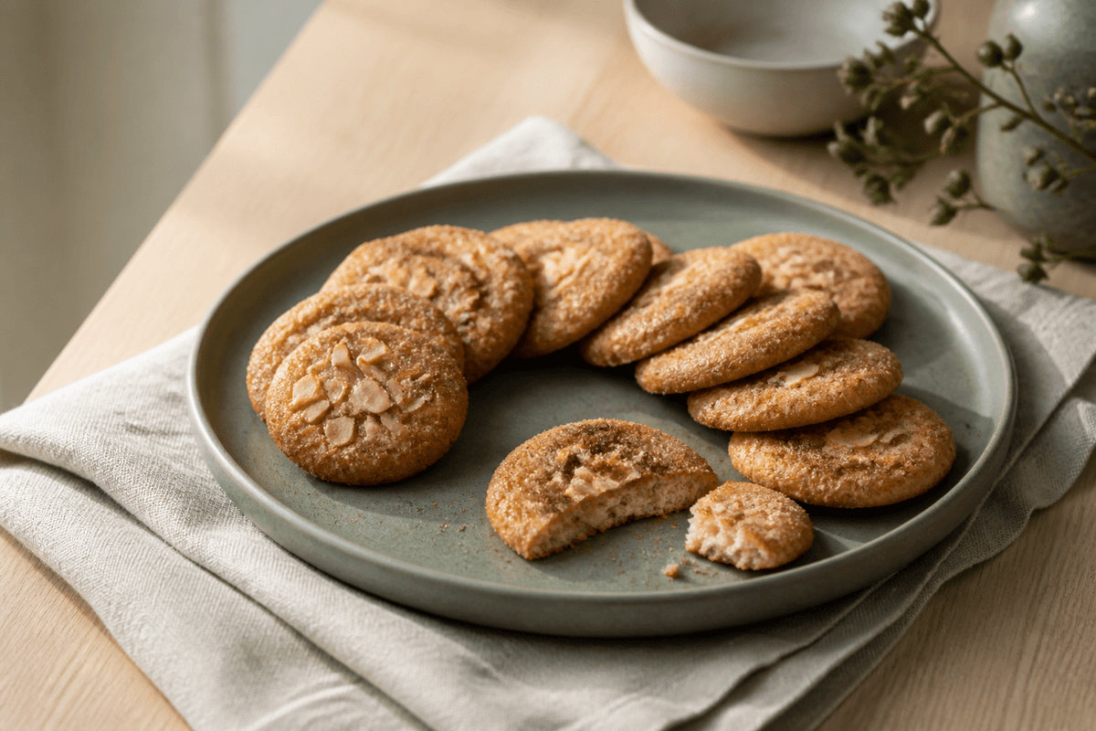 Tynde jødekager med kanelsukker, mandelflager og brækket sprød krumme på grøn stentøjstallerken