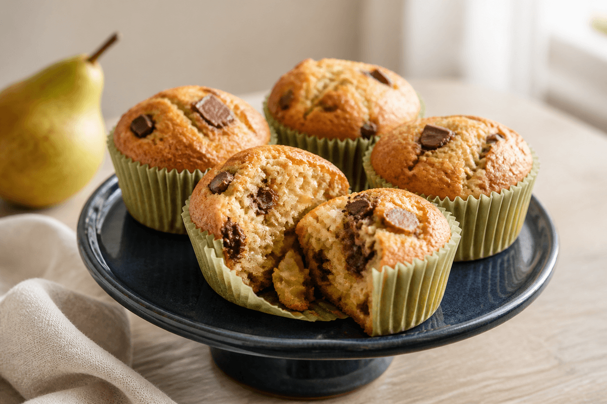 Pæremuffins med mørk chokolade og kardemomme fotograferet i en selvstændig nordisk servering med tydelig realistisk tekstur og rettens vigtigste råvarer