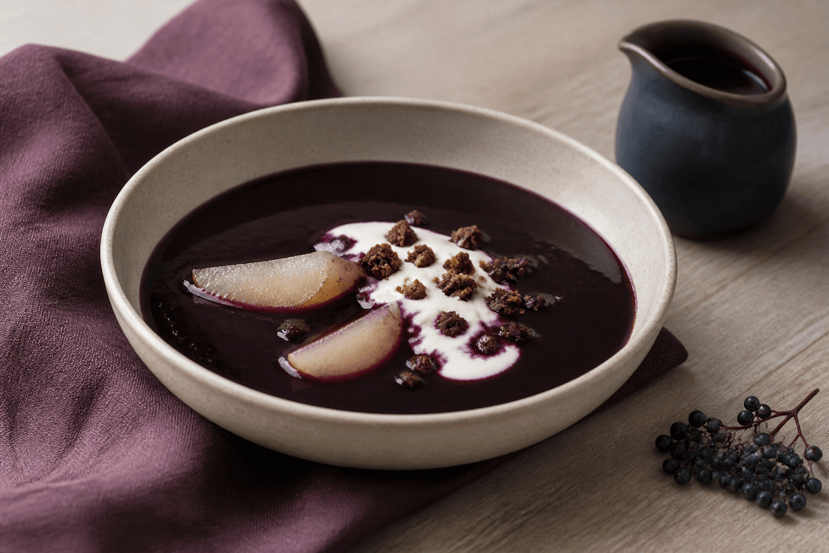 Hyldebærsuppe med pære og rugknas fotograferet i en selvstændig nordisk servering med tydelig realistisk tekstur og rettens vigtigste råvarer