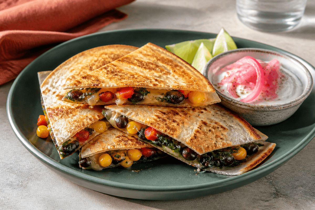 Vegetarquesadillas med sorte bønner og majs fotograferet i en selvstændig nordisk servering med tydelig realistisk tekstur og rettens vigtigste råvarer