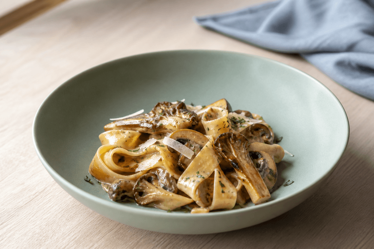 Bred pasta med brunede østershatte og champignon i blank citronfløde på mat salviegrøn stentøjstallerken