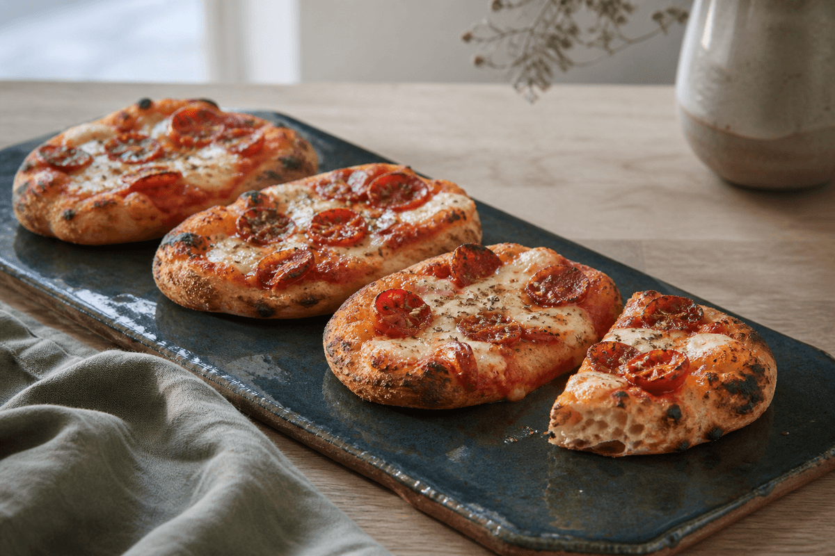 Fire ovale mini-pizzaer med chorizo, bagte cherrytomater og mozzarella på mørk petrolfarvet keramik