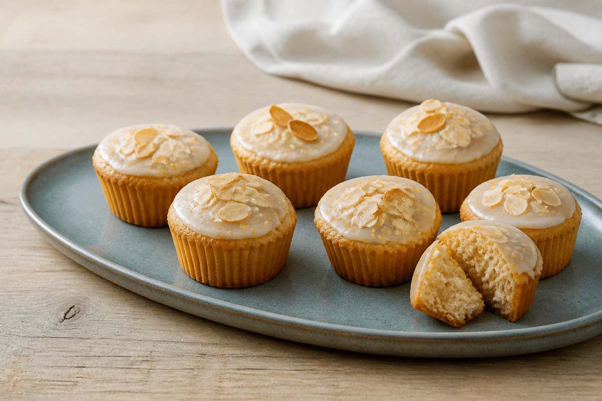 Marcipanmuffins med lav citronglasur, mandelflager og synlig saftig mandelkrumme på blågråt keramikfad