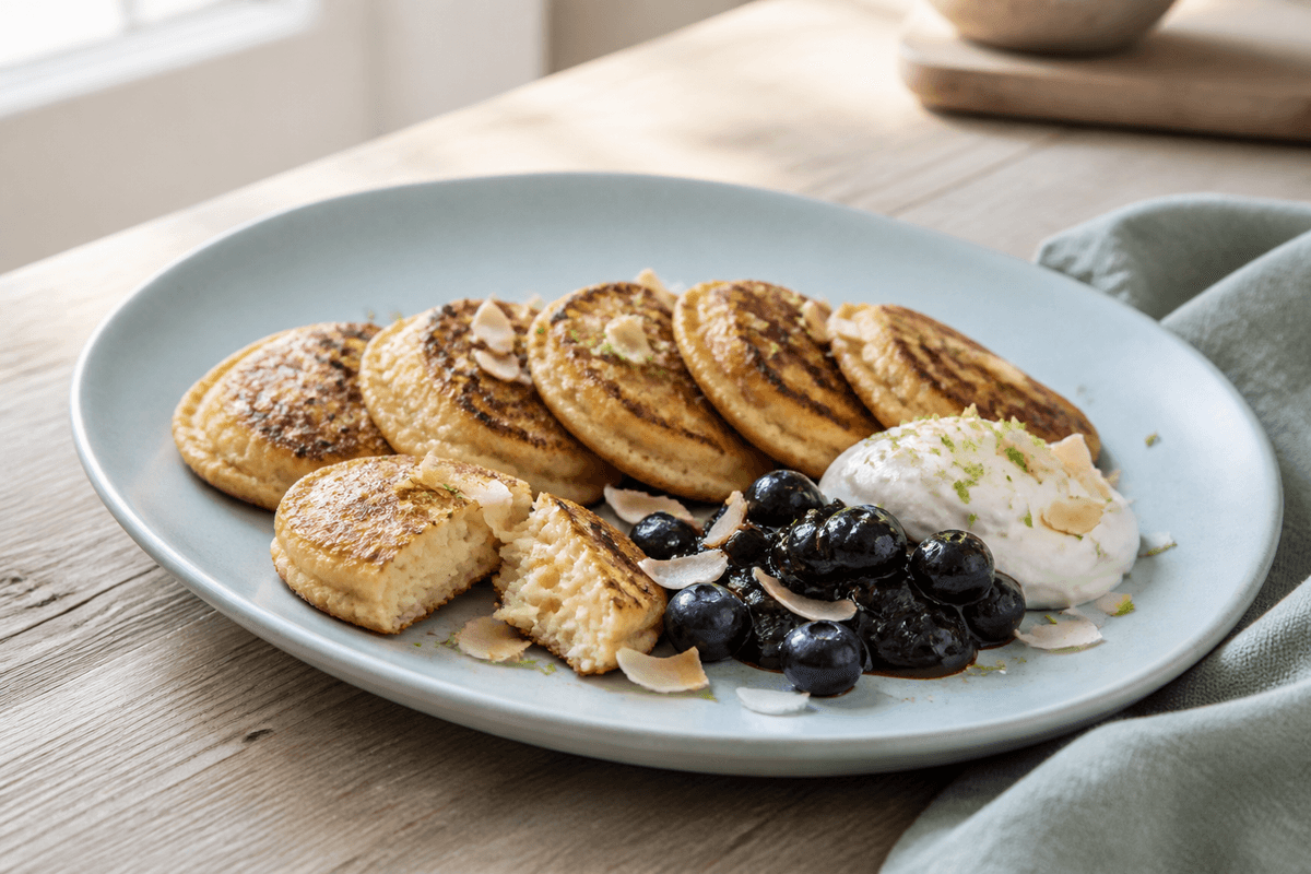 Små kokospandekager med blåbærkompot, lime-skyr og ristede kokoschips på mat lyseblå tallerken