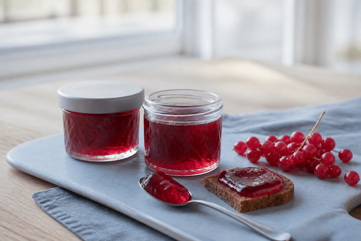 Klar ribsgelé i to lave glas med en formfast skefuld og tyndt lag på rugbrød