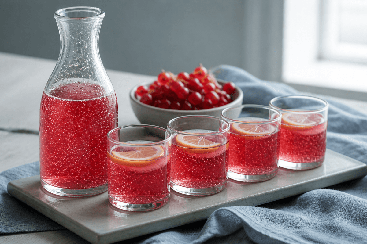 Lys rubinrød ribssaft i klar kande og fire glas med citron på lys keramikbakke