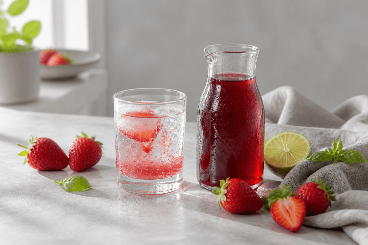 Jordbærsirup med lime og basilikum i klar kande ved siden af et koldt glas med danskvand