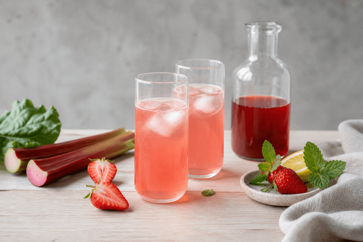 Koralrosa jordbær-rabarbersaft i to kolde glas med flaske, citron og mynte