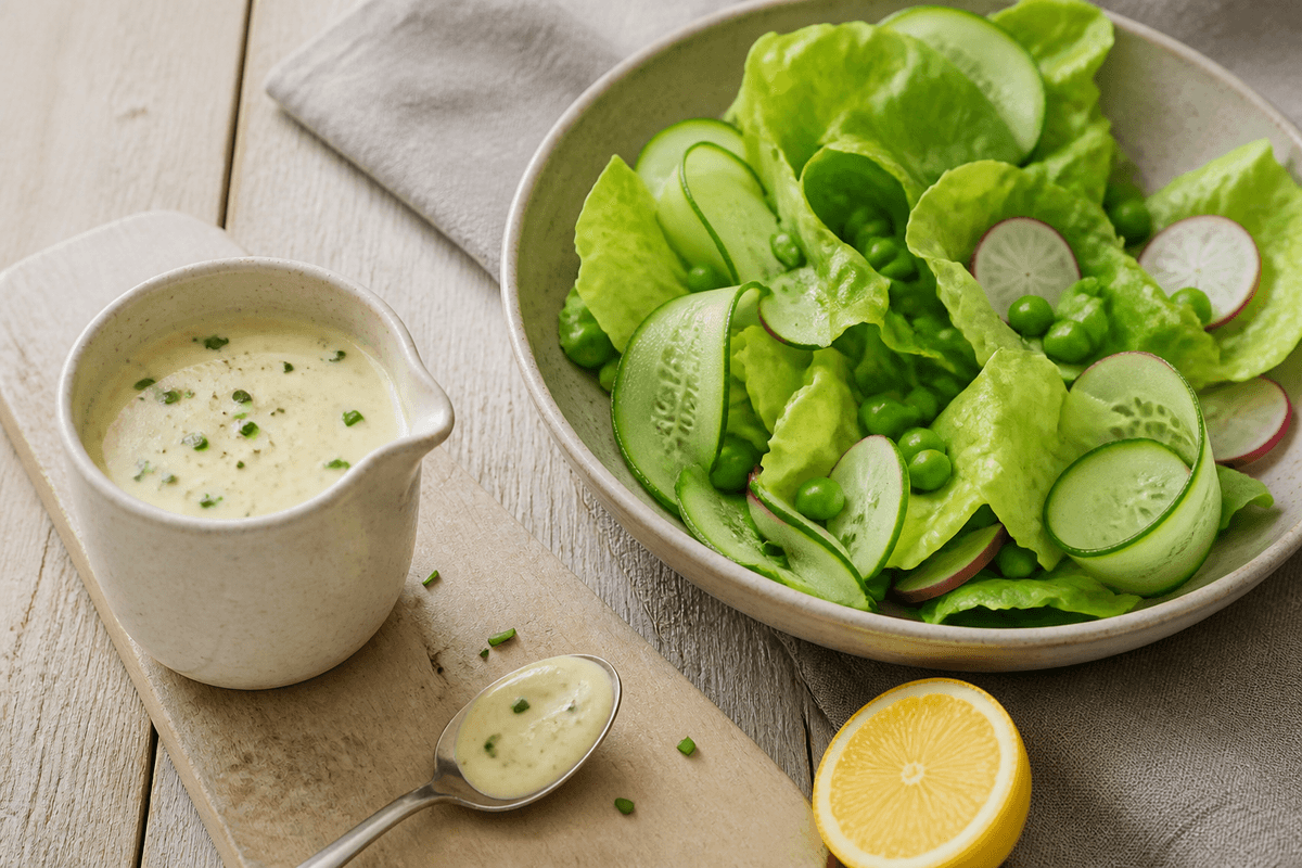 Cremet mormordressing med citron og purløg i stentøjskande ved en sprød grøn salat