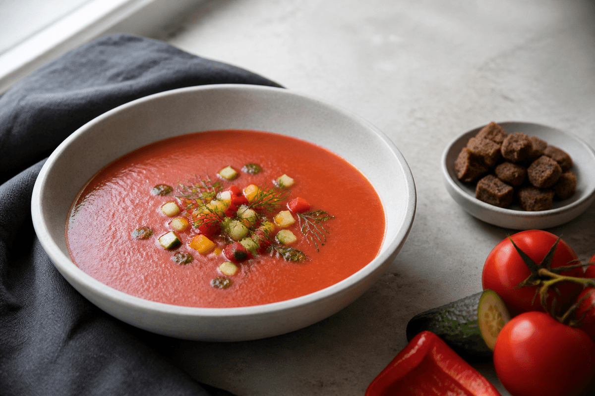 Kold gazpacho med små tern af agurk og peber, dildolie og sprøde rugbrødscroutoner ved siden af