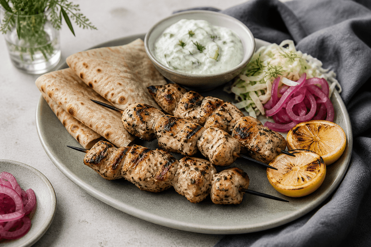 Grillede kyllingesouvlaki med citron, oregano, fladbrød, pink syltet løg og tzatziki