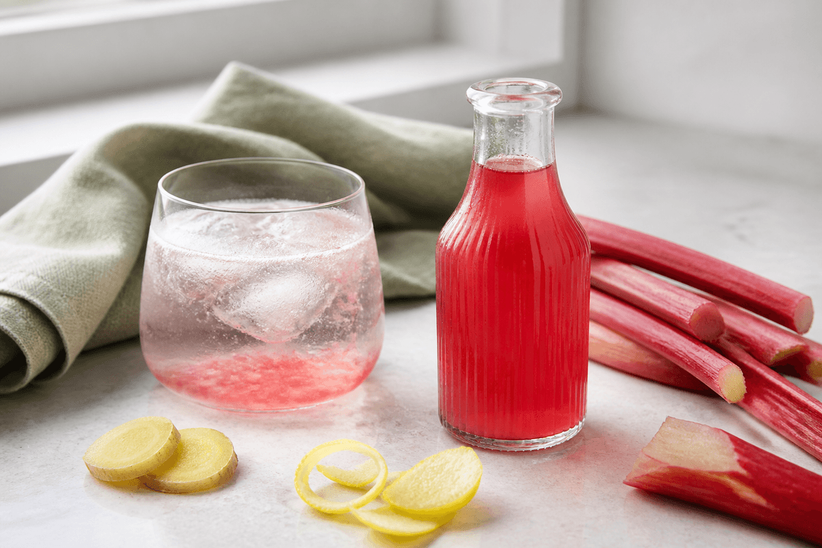 Rosarød rabarbersirup med ingefær og citron i riflet glasflaske ved et glas med danskvand