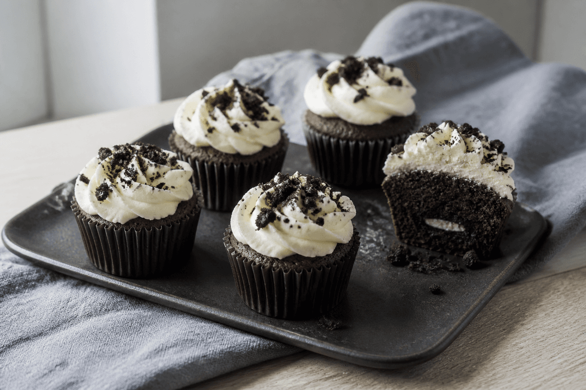 Mørke chokoladekiks-cupcakes med hvid vaniljefrosting og grove kakaokiksesmulder, én skåret over