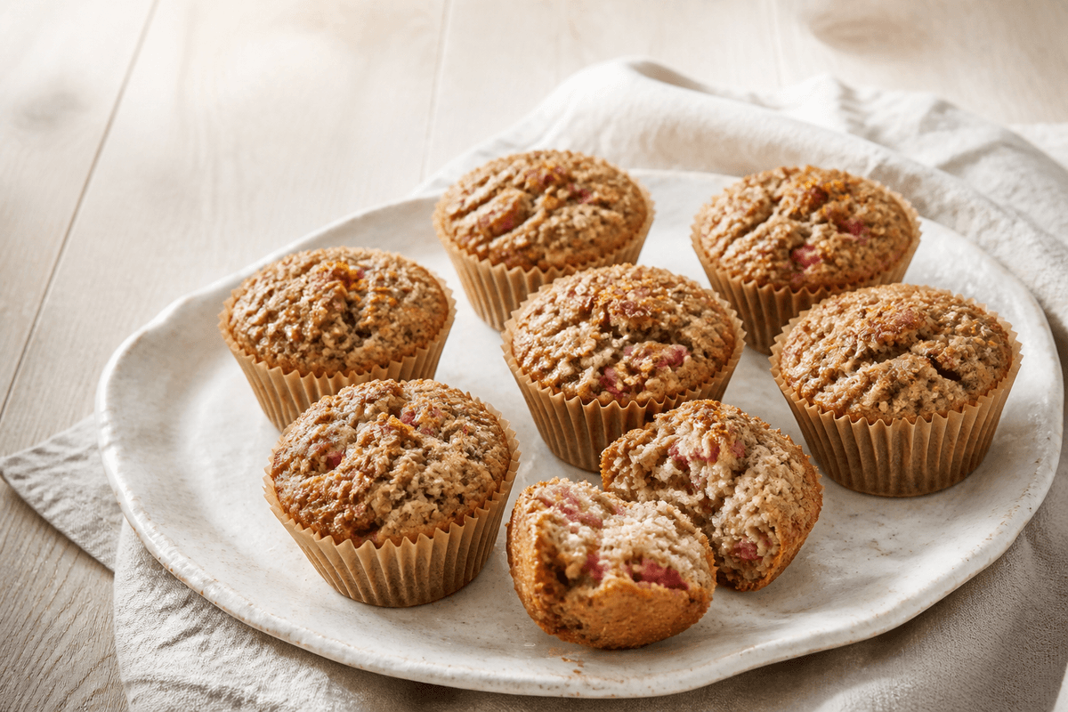 Gyldne rabarbermuffins med mandelcrumble og appelsinskal, én muffin brudt over