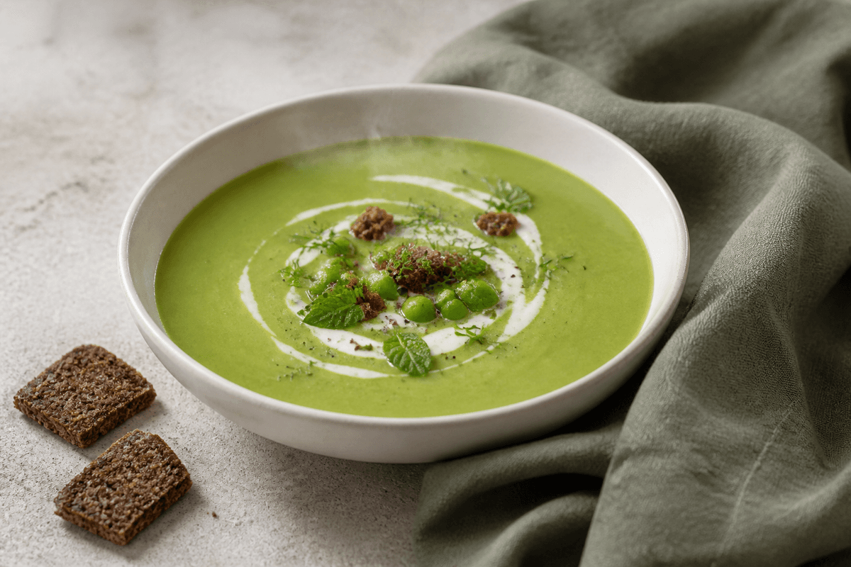 Klar grøn ærtesuppe med mynte, dild, cremefraiche og sprøde rugbrødskrummer