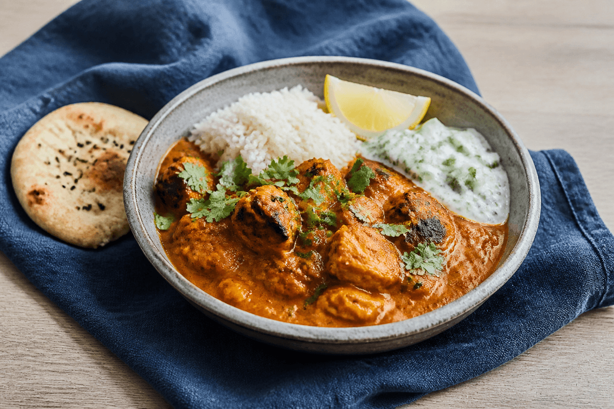 Tikka chicken masala med ristet kylling, basmatiris, agurkeraita, koriander og citron