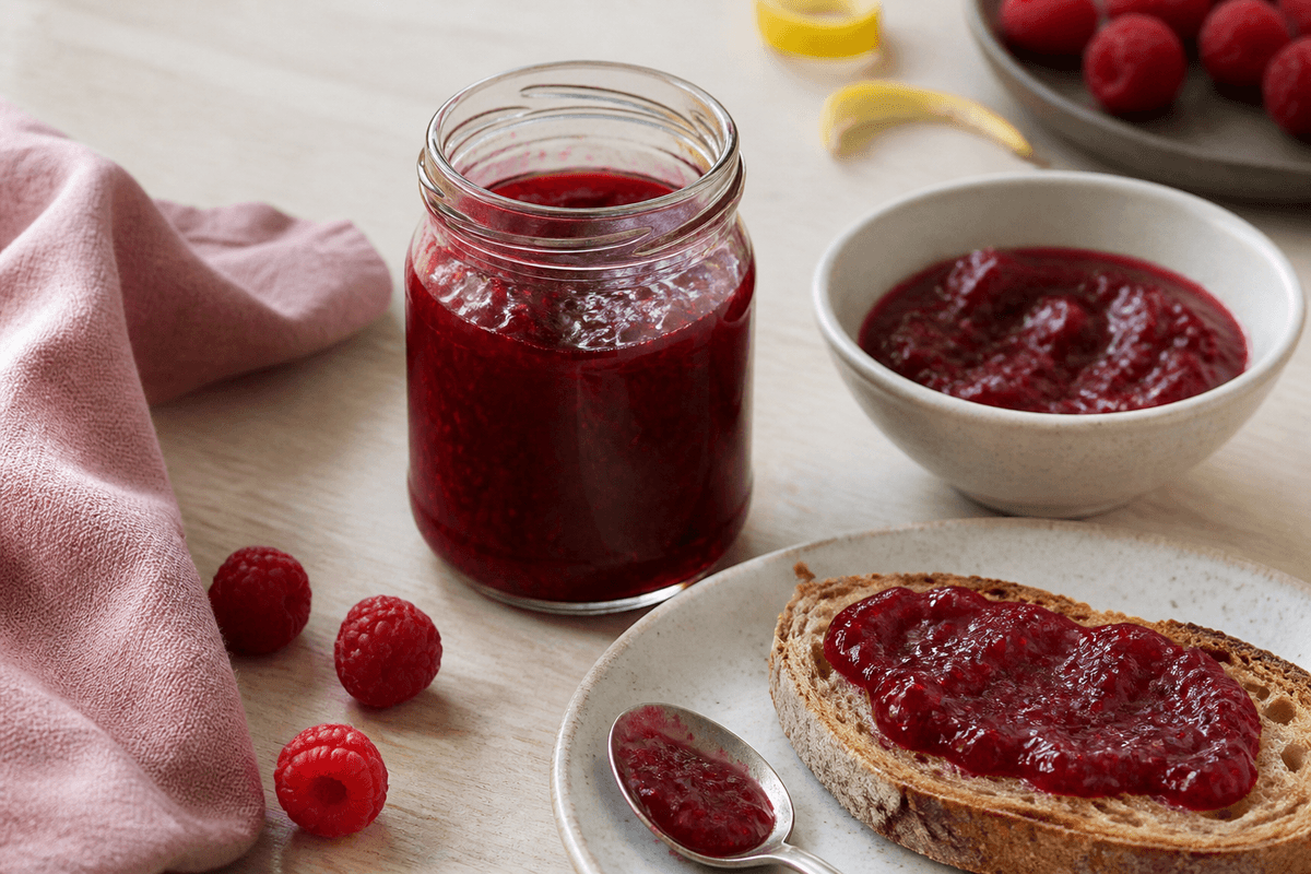 Rubinrød hindbærmarmelade med citron og vanilje i klart glas, skål og på ristet surdejsbrød