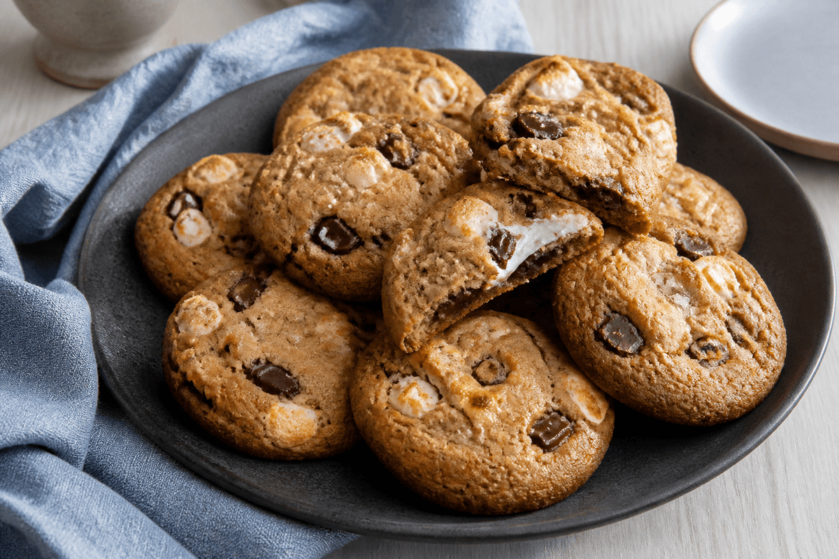 Tykke skumfiduscookies med mørk chokolade, ristede hvide lommer og flagesalt, én brudt over