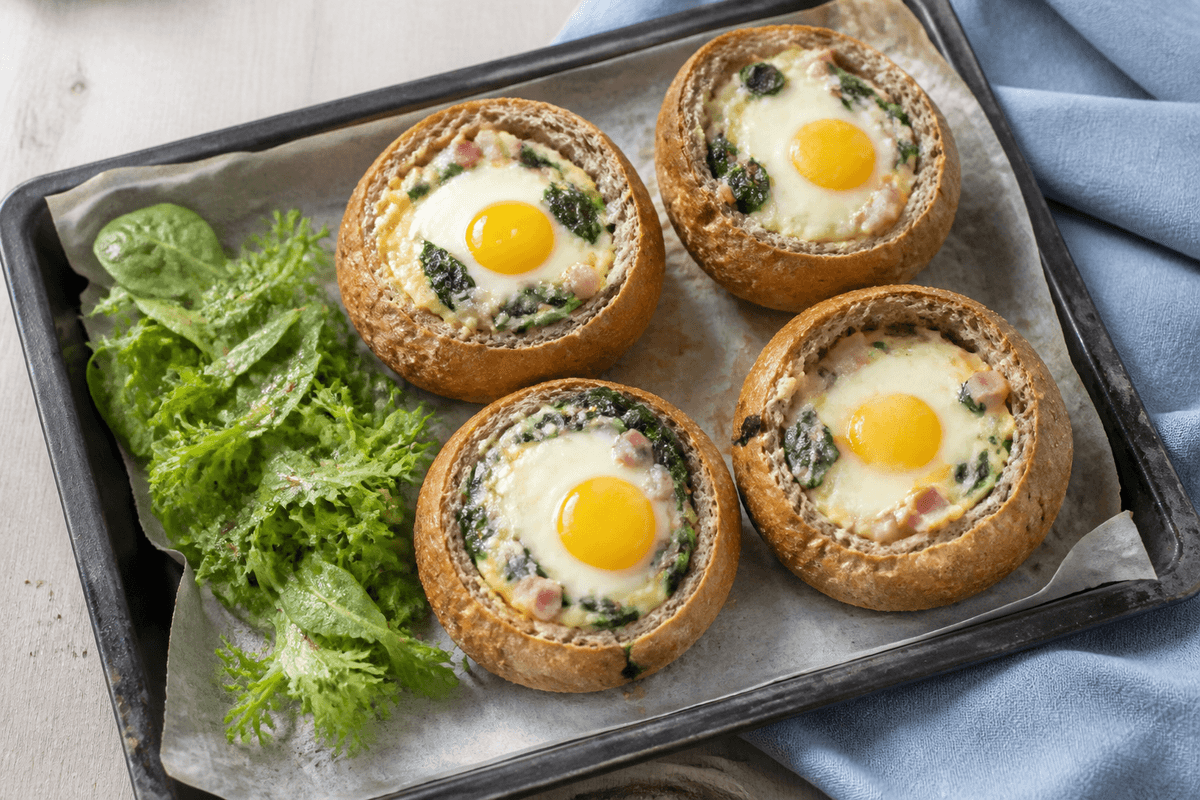 Fire bagte fuldkornsbrødskåle med æg, smeltet ost, spinat og skinke ved grøn salat