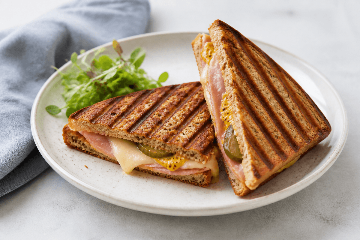 To trekantede grillede toast med skinke, smeltet ost, sennep og syltet agurk ved grøn salat
