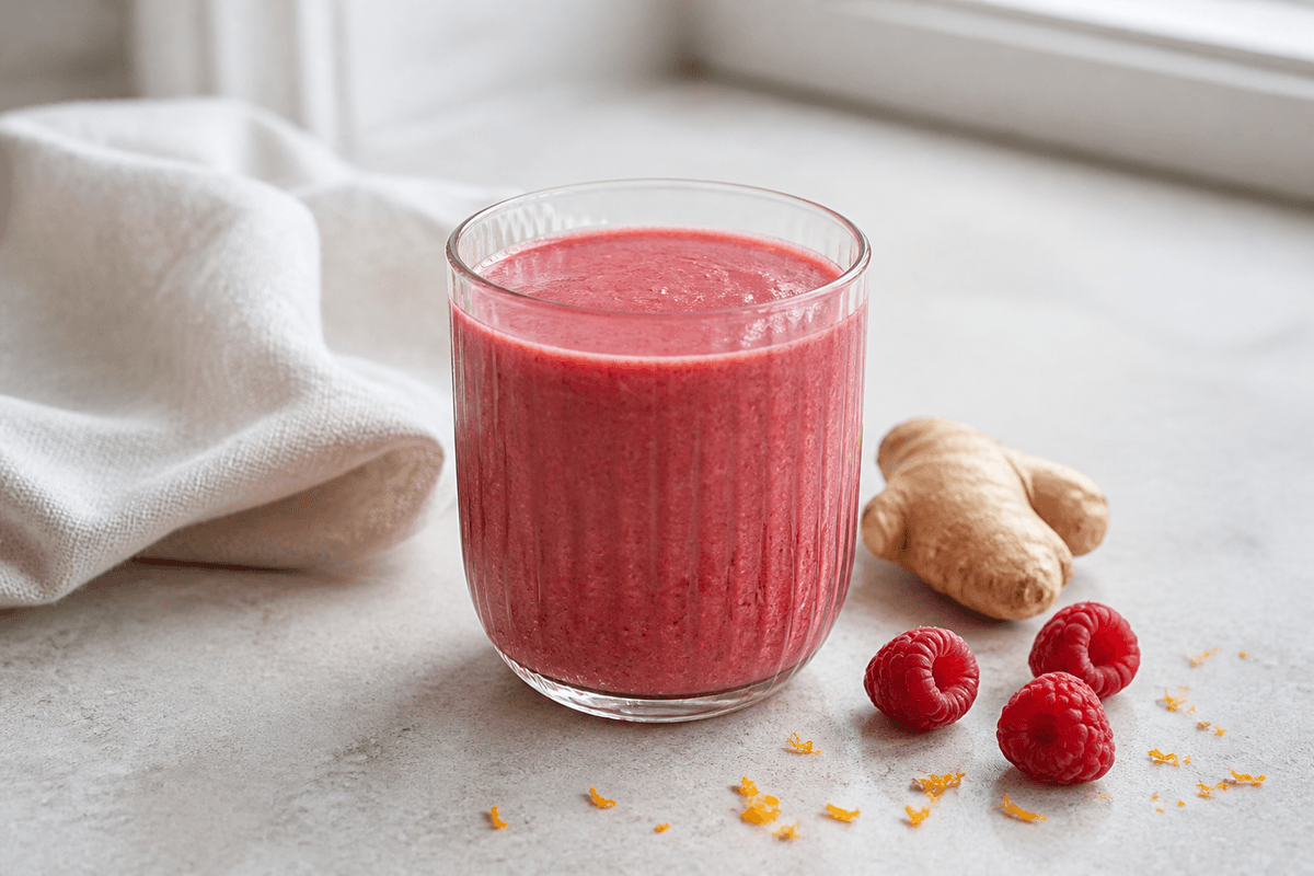 Rubinrød hindbærsmoothie med ingefær og skyr i ribbet glas ved friske hindbær og appelsinskal